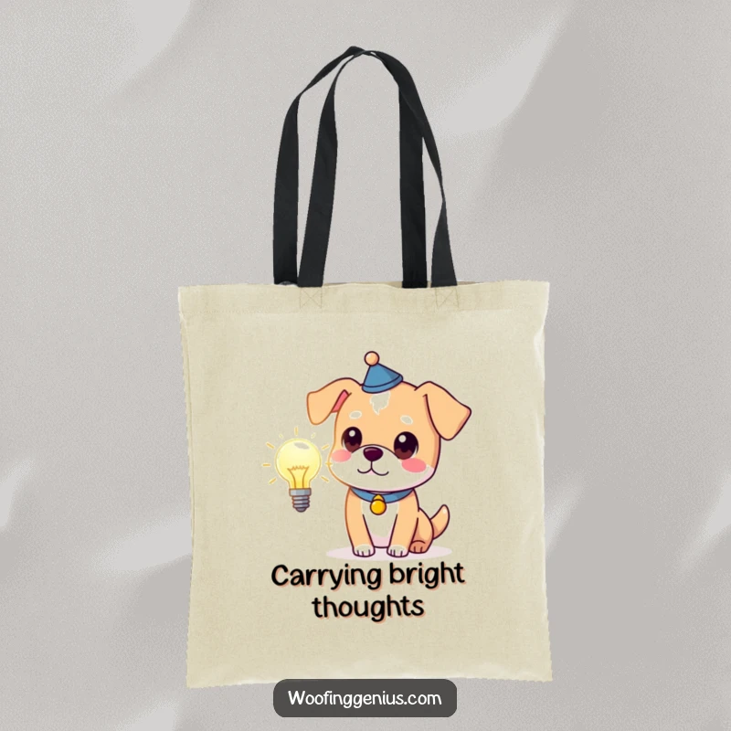Funny clever dog in a thinking cap holding a glowing lightbulb, stylish tote bag for carrying items with intelligence and humor.