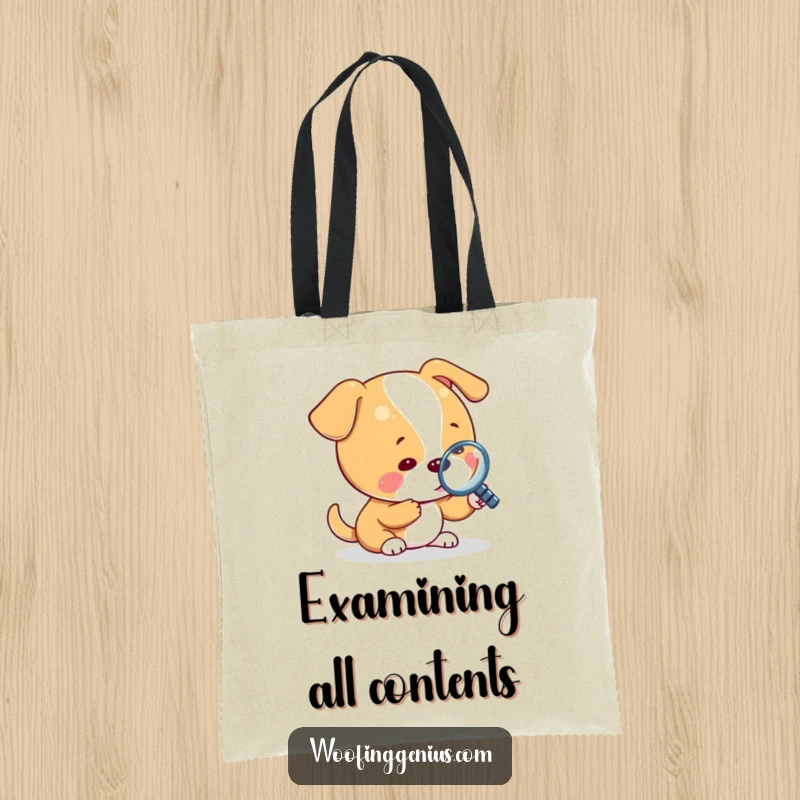 Funny tote bag with a dog using a magnifying glass to inspect a tiny object, suggesting a keen eye for detail.