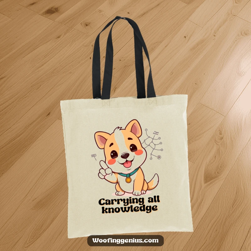 Funny dog smiling and pointing at a complex diagram on a tote bag, useful for explaining anything.