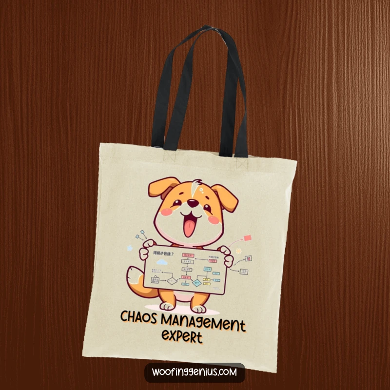 Funny dog character enthusiastically shows off a complex flowchart on a durable tote bag, ideal for errands and study.
