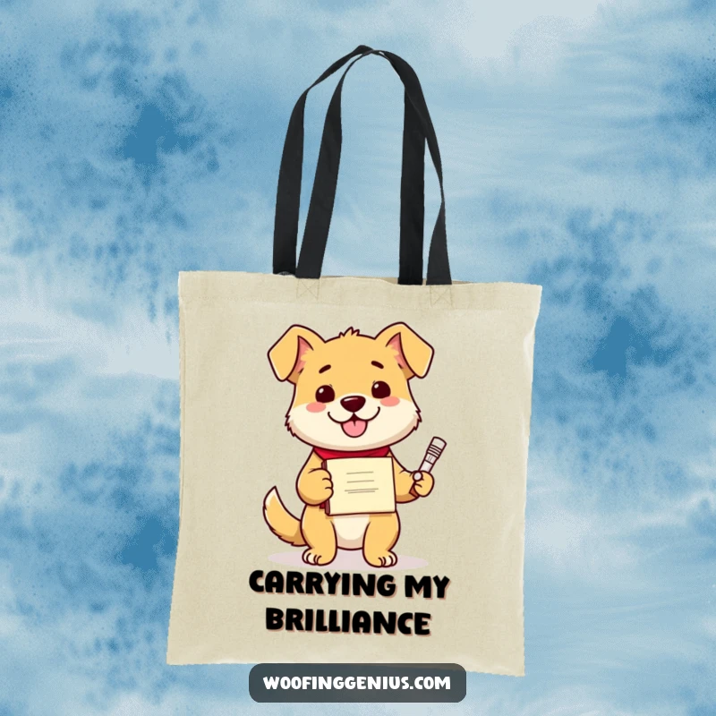 Funny dog holding a diploma and a blueprint, looking proud of its groundbreaking invention, perfect for stylish shoppers.