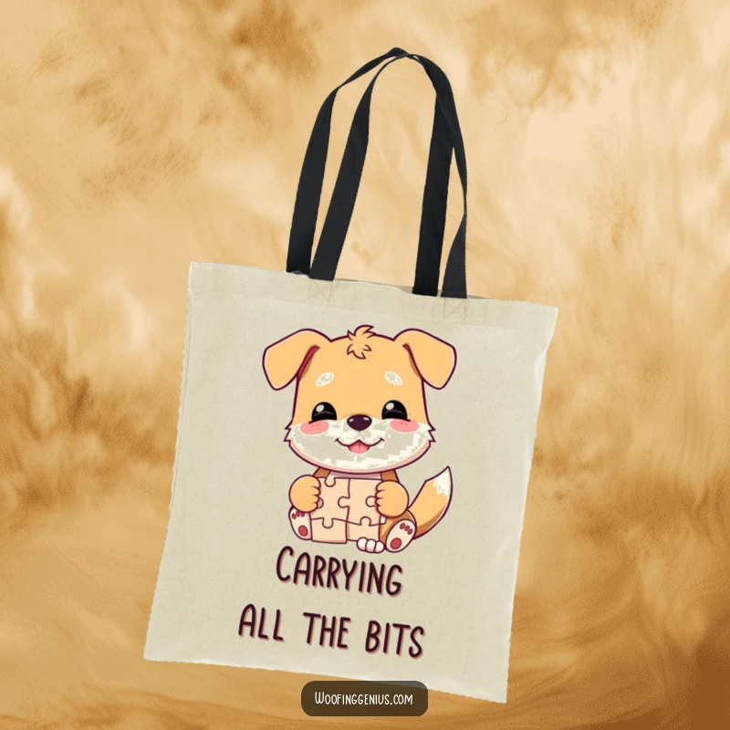 Funny dog tote bag showing a smirk-faced dog triumphantly solving a jigsaw puzzle with a happy wagging tail.