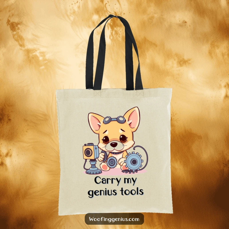 Funny tote bag featuring a dog focused on tinkering with gears and wires, ready for tasks.