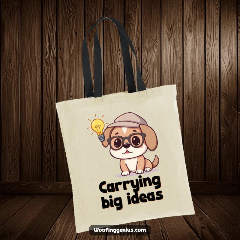 Funny tote bag with a dog wearing glasses and a thinking cap, looking at a lit lightbulb, symbolizing intelligence and great ideas.