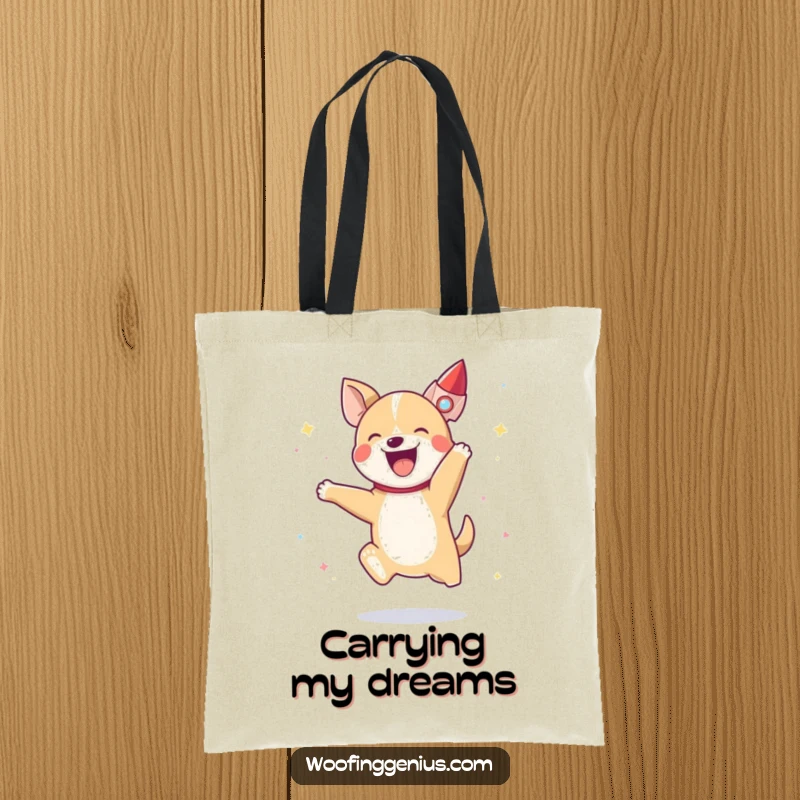 Funny dog jumping excitedly, a small rocket ship ascending behind it, perfect for carrying daily essentials.