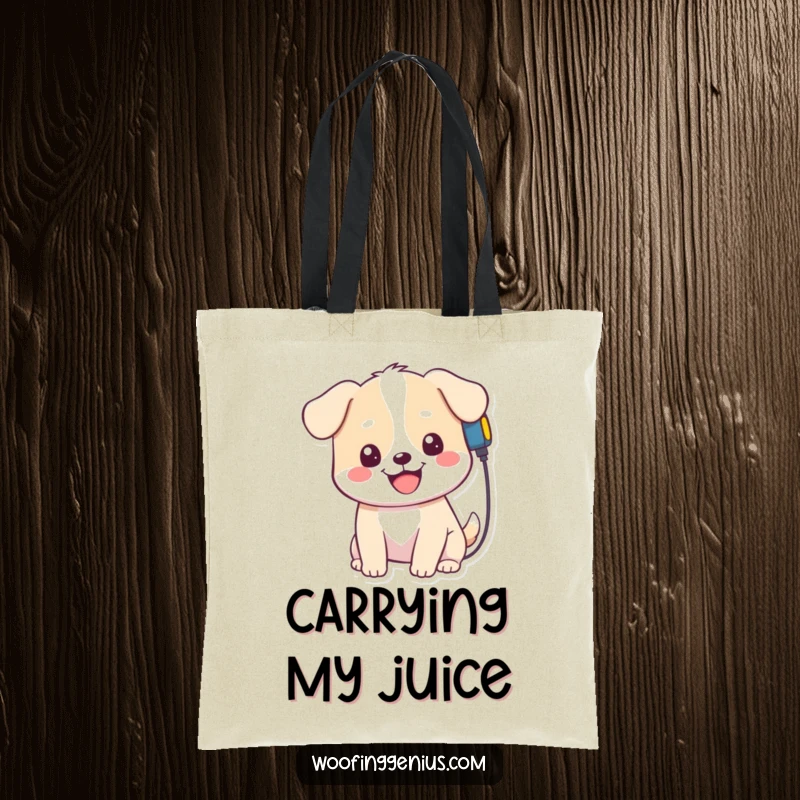 Funny Kawaii Dog Tote Bag: Cute dog plugging a charger into its head, a functional and funny accessory for everyday use.