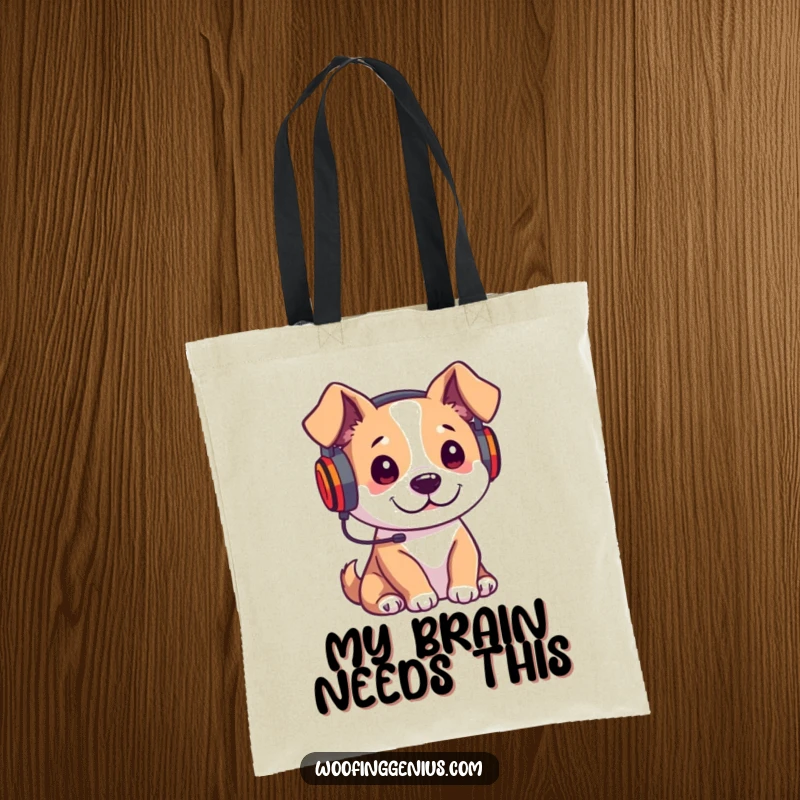 Funny tote bag depicting a dog wearing headphones, attentively listening to a lecture, suggesting a studious personality.